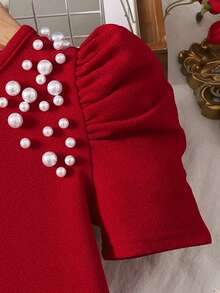 Young Girl Red Casual Daily Round Neck Gigot Sleeve Beaded Snug Fit T-Shirt - Red - View 4