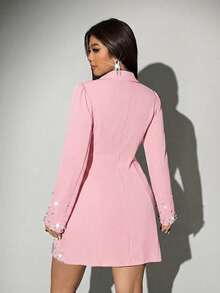 Viva Relle 大码女士优雅休闲商务派对连衣裙，饰有珍珠，珍珠位置随机 - 粉色 - 查看 2