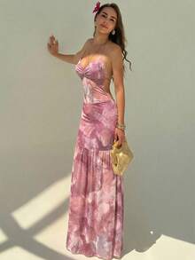 Aloruh Vestido con estampado floral romántico con tirantes de espagueti y espalda abierta, adecuado para citas, vacaciones, primavera/verano - Rosa vieja - Ver 5
