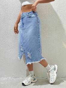Easelle Women's Casual Fashion Street Chic Daily Commute Overlap Waist Distressed Frayed Hem Asymmetrical Hem Denim Skirt - Medium Wash - View 6