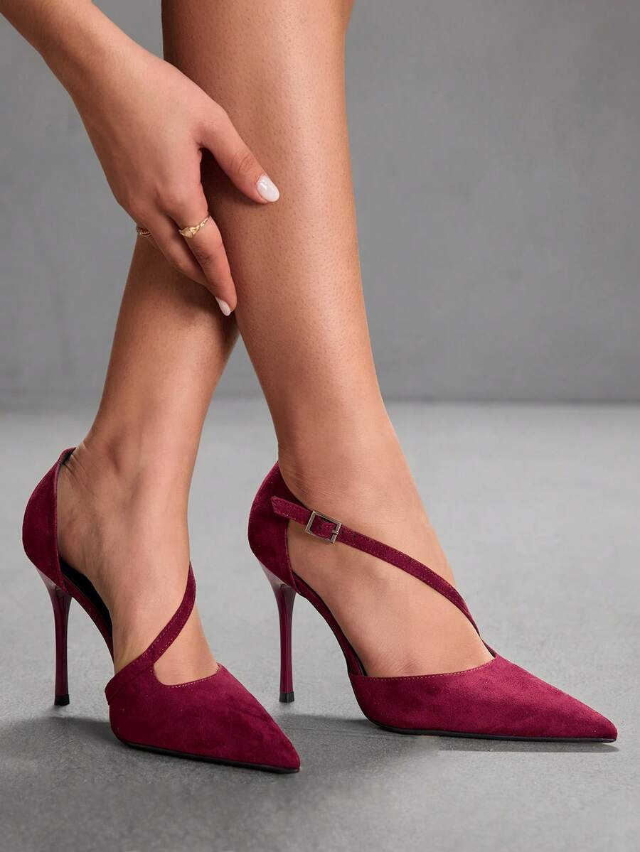 CUCCOO SZL Sepatu Hak Tinggi Wanita Ujung Lancip dengan Desain Gesper, Modis, Serbaguna untuk Pemakaian Sehari-hari dan Hari Valentine - D78 merah anggur - View 1