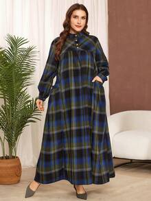 Al Najma Plus Size Women's Casual Plaid Print Stand Collar Long Sleeve Pocket Loose Dress, Suitable For Spring And Autumn - Multicolor - View 4