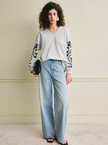 Écloséra 新款V领长袖女式卫衣，白色水墨画图案 - 彩色 - 查看 6