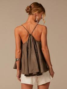 COSMINA V-Neck Camisole, Asymmetrical Hem, Ruched Design, Loose Fit, Women's Summer Camisole Top, Summer Holiday Cami Top, Brown Cami Top, BOHO Style, Best For Beach Vacation - Brown - View 3