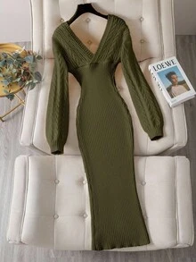 Franclia V-Neck Long Sleeve Ribbed Casual Long Knit Sweater Dress - Green - View 6
