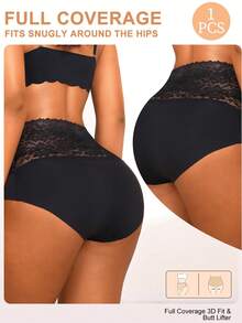 1 pieza Ropa interior de mujer NudeFit de unicolor con parches de encaje, cintura alta, suave y transpirable - Negro - Ver 7