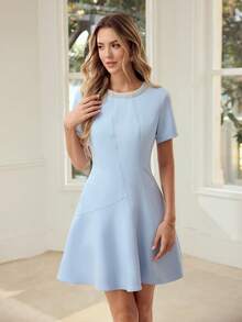 MOTF PREMIUM WOMEN'S SHORT SLEEVE FAUX PEARLS AND BEADED DETAIL DRESS, SUITABLE FOR DATES, SPRING/SUMMER - Blue - View 4