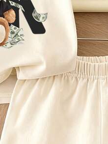 Bộ 2 món cho bé trai, áo thun in hình gấu và quần short tối giản, thích hợp cho các hoạt động ngoài trời mùa hè. - Màu be - Xem 4
