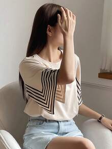 DAZY Striped Print Round Neck Tee - Khaki - View 2