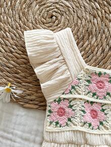 SHEIN Vintaside Kids Đầm công chúa tay ngắn xếp ly, thêu hoa phối màu tương phản, kẻ caro cho bé gái, thích hợp cho kỳ nghỉ và dã ngoại. - Màu be - Xem 7