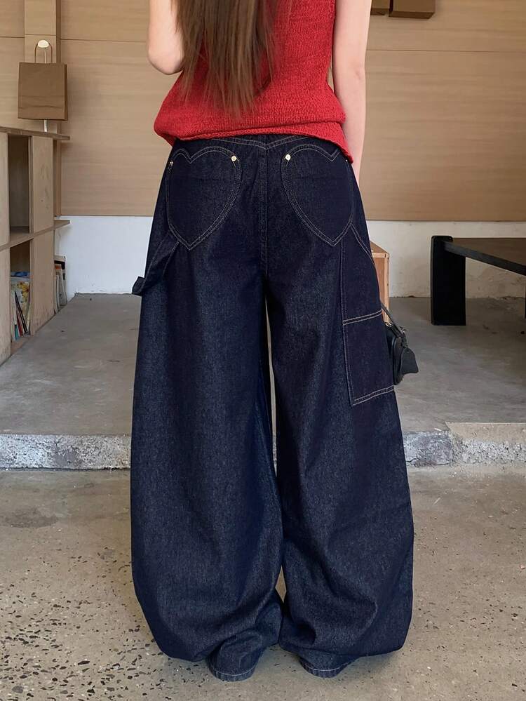 Women's Retro Korean Style Casual Large Pocket Street Korean Denim Jeans