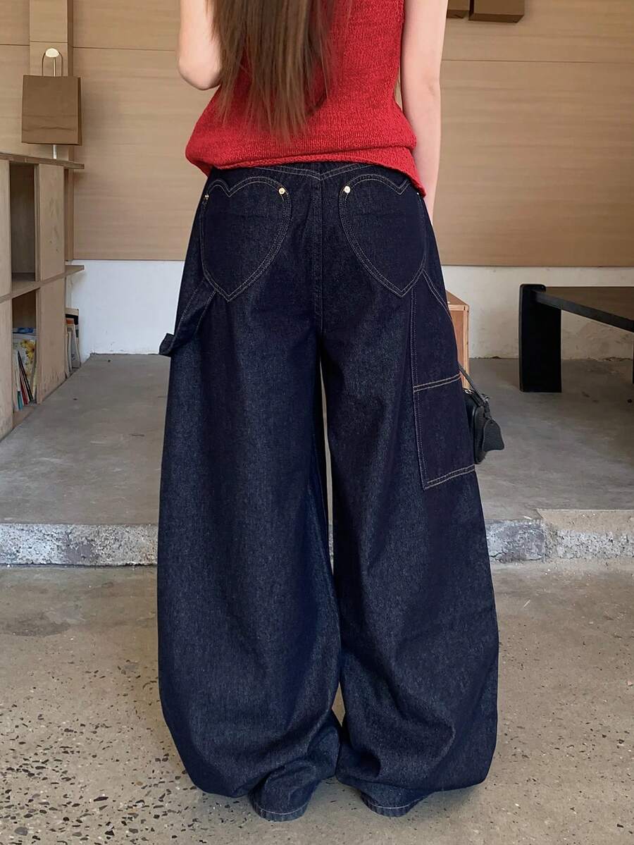 Dazy Tall Quần cargo ống đứng dáng rộng dành cho nữ, quần jeans phong cách đường phố thường ngày. - Rửa tối - Xem 1