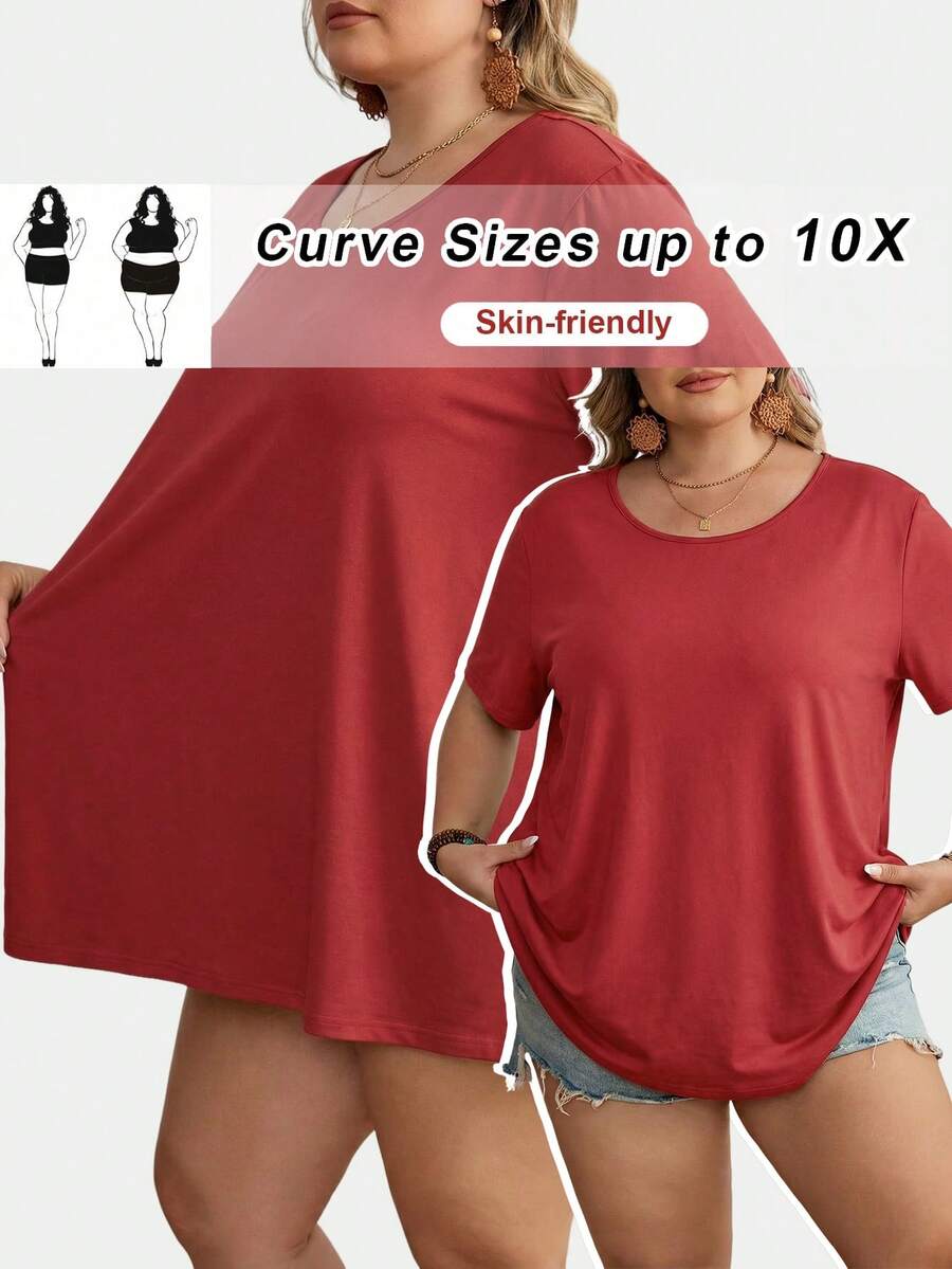 SHEIN CURVE+ Áo thun tay ngắn cổ tròn màu trơn cỡ lớn, kiểu dáng thường ngày, đa năng. - Gỗ đỏ - Xem 1