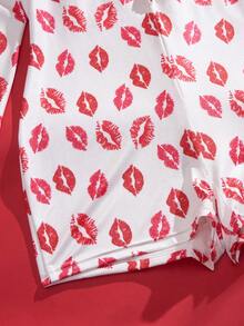 Eraneu Women's Sexy Red Lip Print Front Closure Bodysuit Lingerie - Red and White - View 8