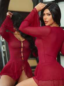 SHEIN Set de 2 vestidos con cuello en V sexy, volantes, manga larga, abertura y botones frontales para mujeres - Burdeos - Ver 3