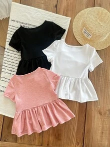 SHEIN LMoss Kids LMoss 女婴三件套简约休闲纯色针织短袖衬衫，荷叶边下摆，适合夏季穿着 - 彩色 - 查看 2