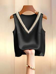 Franclia 优雅V领串珠缎面无袖休闲衬衫，百搭夏季女装 - 黑色 - 查看 1