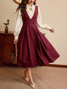 Vintamour Đầm nữ cổ điển thanh lịch không tay, ôm dáng, có dây thắt eo và cúc kim loại, cổ chữ V, dáng xòe, màu xanh navy. - Màu Đỏ Sâu - Xem 4