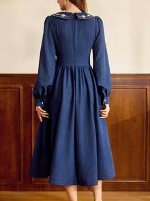 Vintamour 复古优雅女士连衣裙，带口袋，刺绣彼得潘领，纽扣闭合，休闲通勤度假连衣裙，春夏女装，夏季度假装，夏季服装，夏季连衣裙，春季女装，春季服装，春假服装，情人节服装，优雅女士连衣裙，夏季度假装 - 藍色 - 查看 7