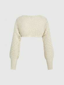 ROMWE Kawaii Women's Casual Knit Cardigan With Butterfly Sleeve Cuff And Hollow Design - Beige - View 2