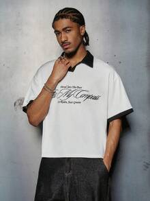 STYNVO 男士休闲时尚街头标语刺绣撞色短袖Polo衫，夏季 - 米色 - 查看 1