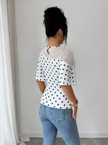SHEIN Elenzya 女士波点印花时尚圆领网眼拼接T恤 - 白色 - 查看 2
