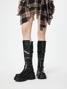 ROMWE Grunge Punk 女士朋克风厚底圆头过膝长靴，2025秋冬新款时尚皮革搭扣修身骑马靴 - 黑色 - 查看 2