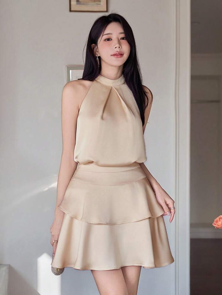 Women's Elegant Solid Color Halter Sleeveless Top & Ruffle Hem Skirt 2 Pieces Set, Summer, Wedding Guest Dress Women