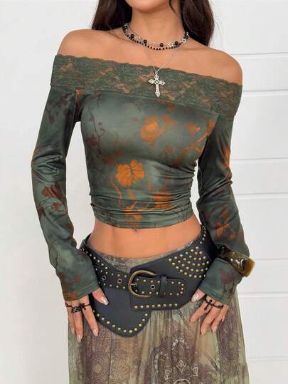 Coolane Women's Floral Print Contrast Lace Off-Shoulder Long Sleeve Fashionable Cropped T-Shirt