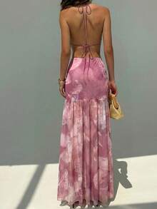 Aloruh Vestido con estampado floral romántico con tirantes de espagueti y espalda abierta, adecuado para citas, vacaciones, primavera/verano - Rosa vieja - Ver 2
