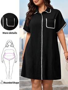 Enliva Đầm sơ mi tay cánh dơi phối màu, cỡ lớn, kiểu dáng thường ngày, thích hợp cho nữ đi chơi, tôn dáng người tròn trịa. - màu đen - Xem 2