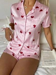 Teenage Girls' Cute Heart Print Short Sleeve Shorts Cardigan Pajama Set