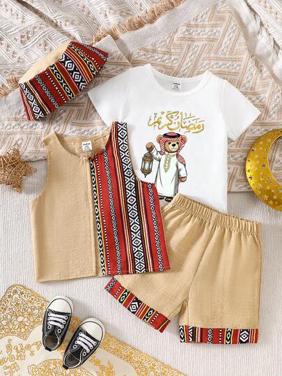 3pcs Baby Boys' Apricot Sleeveless Cardigan Shirt, Graphic Print Round Neck Short Sleeve T-Shirt, And Apricot Shorts Set, Suitable For Outings, Casual, Daily, School, Gatherings, Holidays And Parties Cute Toddler Sets Baby Arabic Clothing Baby Boys Sets Baby Casual Sets Baby Boy Summer Sets