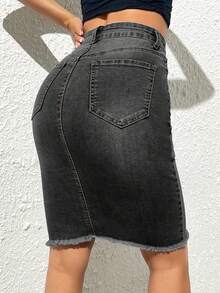 SHEIN Essnce 女士纯色简约休闲牛仔迷你裙 - 灰色 - 查看 2