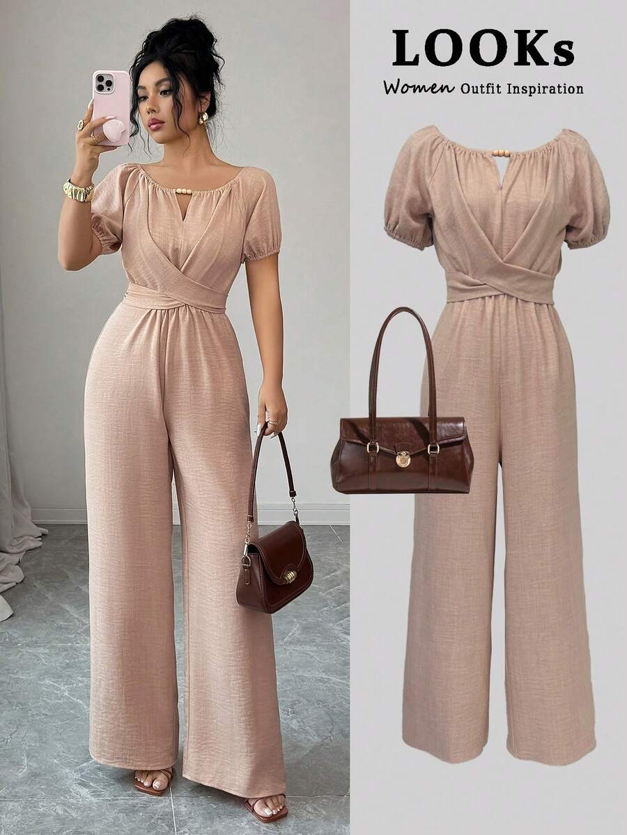 Rafferiza Elegant Khaki Jumpsuit For Women, Featuring A Round Neck, Knotted Waist, And Wide-Leg Design With Wooden Bead Embellishments. This Long Summer Jumpsuit Is Perfect For Women's Holidays, With Vintage Wooden Bead Details, Puff Sleeves, Knotted Straps, And Textured, Pleated Fabric. - Khaki - View 1