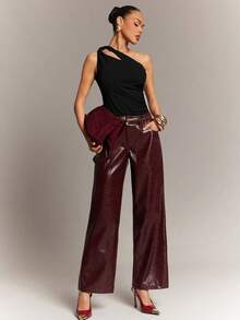 Hauture Asymmetric Shoulder Elastic Fitted Cropped Casual Knit Top - Black - View 4