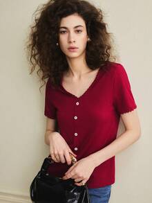 Écloséra Women's Red T-Shirt With Rivet Trim - Burgundy - View 5