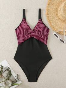 Swim Vcay 1pc Vacation Beach Striped Patchwork Twist Front One Piece Swimsuit For Summer - Multicolor - View 4