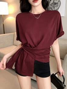 DAZY Camiseta Feminina Casual de Cor Sólida com Gola Redonda, Nó Torcido e Manga Curta, Verão - Vermelho - Visão 7