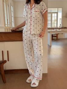 Napfluff 新款女士波点条纹短袖开襟睡衣套装 - 杏色 - 查看 4