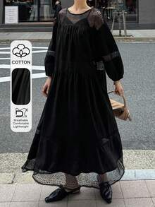 FRIFUL 女士拼接几何网纱圆领灯笼袖宽松休闲连衣裙 - 黑色 - 查看 1