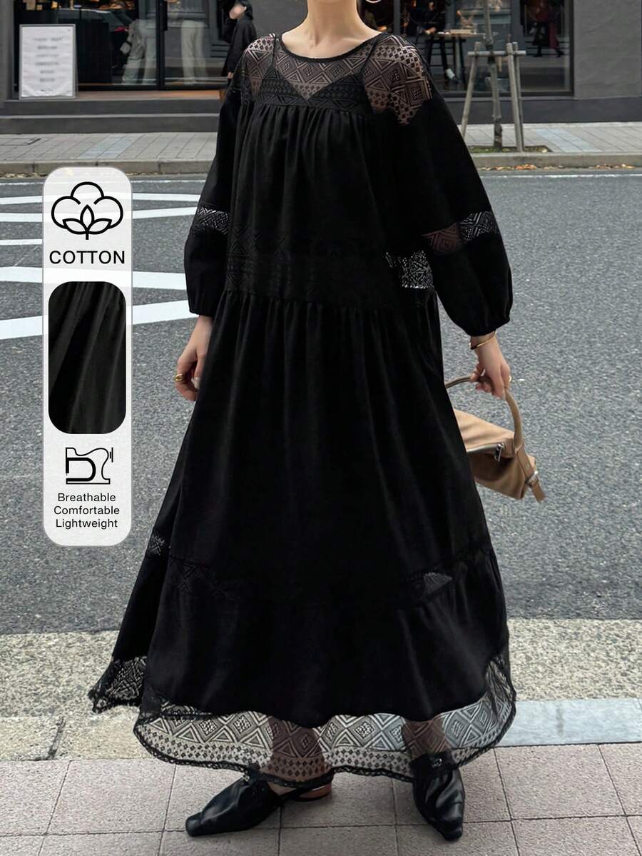 FRIFUL 女士拼接几何网纱圆领灯笼袖宽松休闲连衣裙 - 黑色 - 查看 1