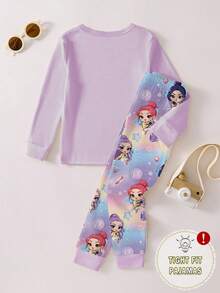 一套女童紧身睡衣，紫色针织圆领长袖上衣，印有女孩团体图案，搭配渐变印花裤子。 - 淡紫色 - 查看 2