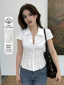DAZY 女士纯色纽扣衬衫上衣，轻薄修身休闲短袖T恤 - 白色 - 查看 1