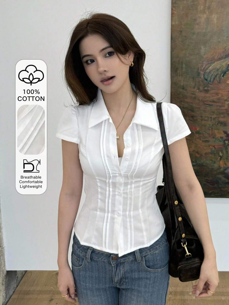 DAZY 女士纯色纽扣衬衫上衣，轻薄修身休闲短袖T恤 - 白色 - 查看 1