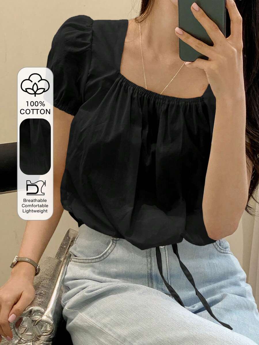 DAZY Áo cánh nữ cổ vuông màu đen giản dị có dây rút viền - màu đen - Xem 1
