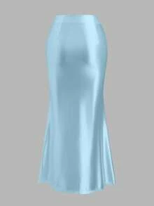 Sweetra Rok Wanita Elegan Warna Polos Satin Berlipit Model Bodycon dengan Hem Ekor Ikan, Cocok untuk Pesta dan Jamuan - Baby Blue - View 2