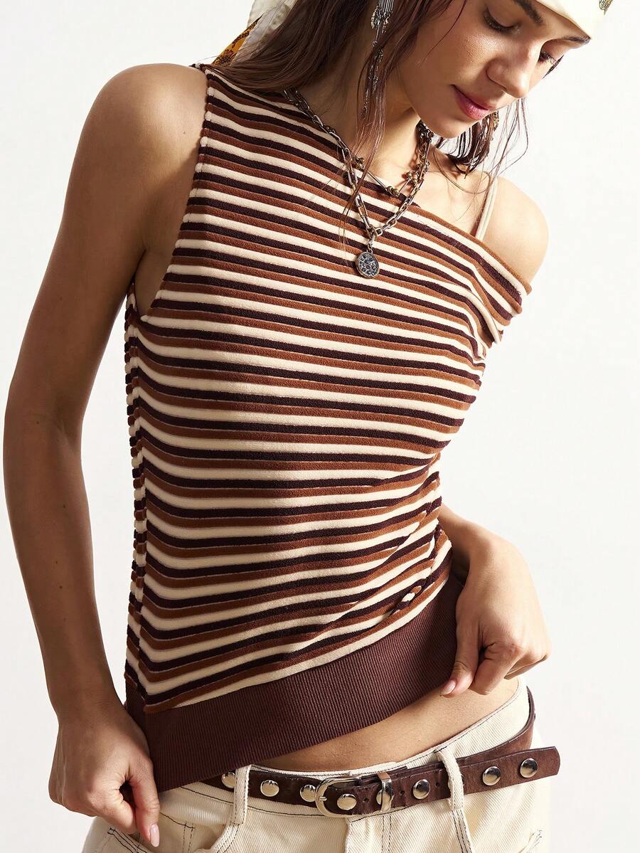 Bohemela Casual Knit Striped Asymmetric-Shoulder Fitted Women T-Shirt - Brown - View 1