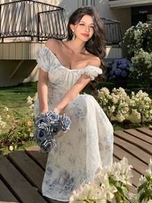 DAZY 2024夏季碎花泡泡袖收腰雪纺连衣裙，法式优雅长款连衣裙 - 彩色 - 查看 5