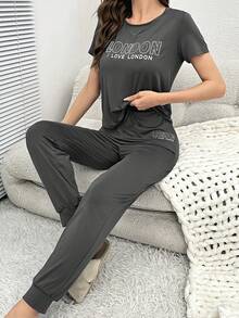 Slogan Graphic Tee & Drawstring Waist Pants PJ Set / Pajama Set - Dark Grey - View 4